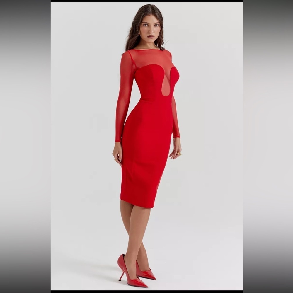 HOUSE OF CB Darcy Scarlet Plunge Midi Dress/Size XS-US 2-4 NWOT